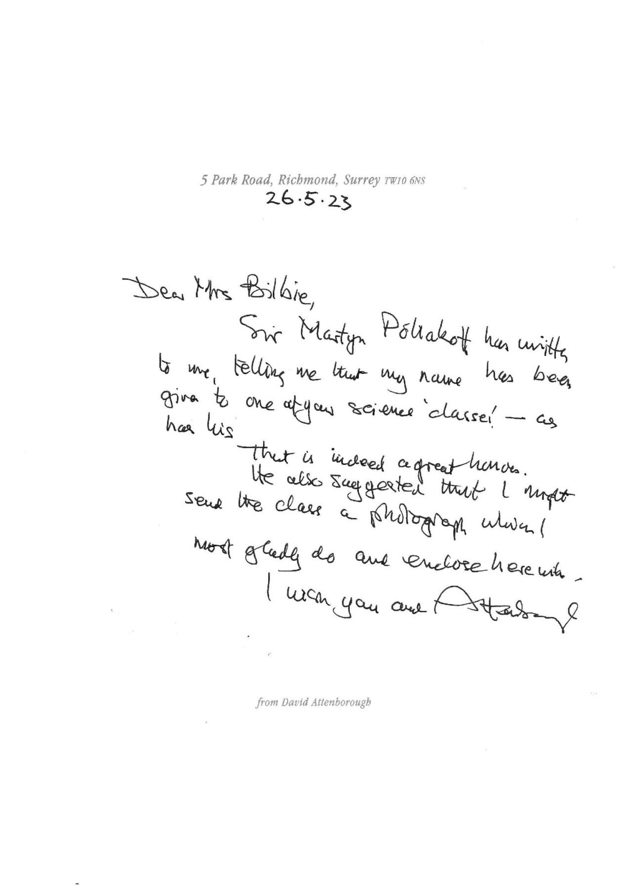 David Attenborough Letter